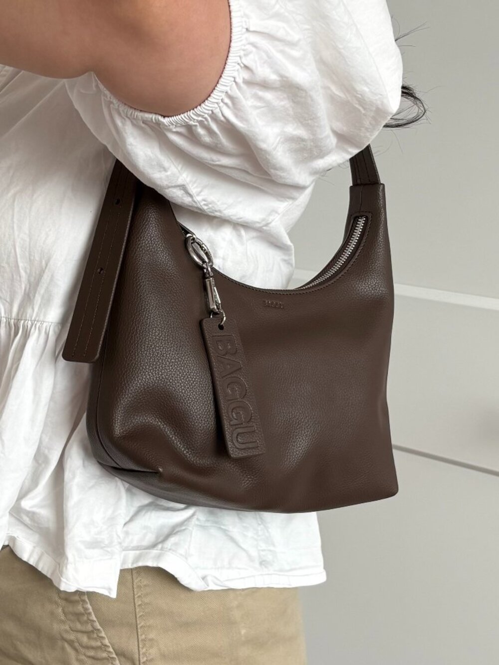 BAGGU Mini Recycled Leather Shoulder Bag Brown